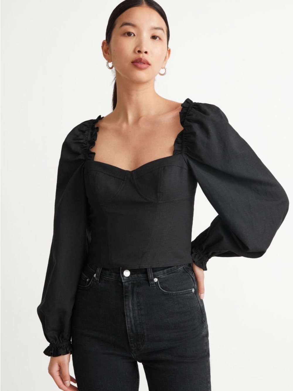 & Other Stories Black Puff-Sleeve Sweetheart Neck Blouse